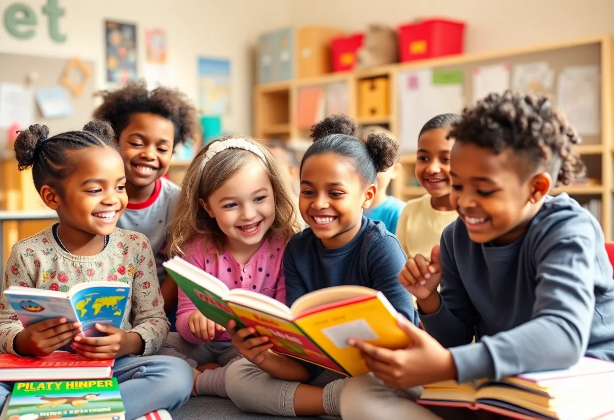 Children participating in a vibrant Read Across America Day reading event in a classroom.