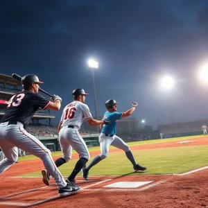 San Diego baseball team playing a game under stadium lights.