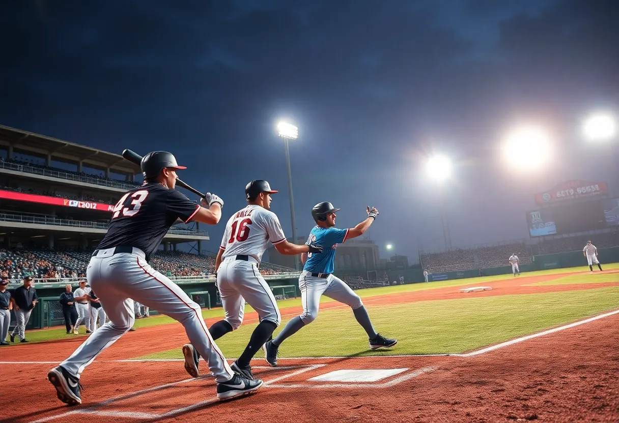 San Diego baseball team playing a game under stadium lights.