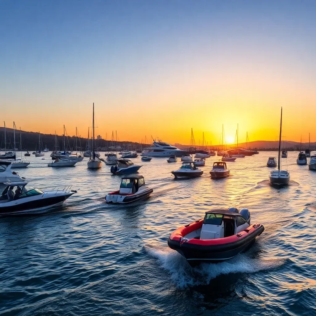 A scenic view of San Diego Bay with boats and sunset