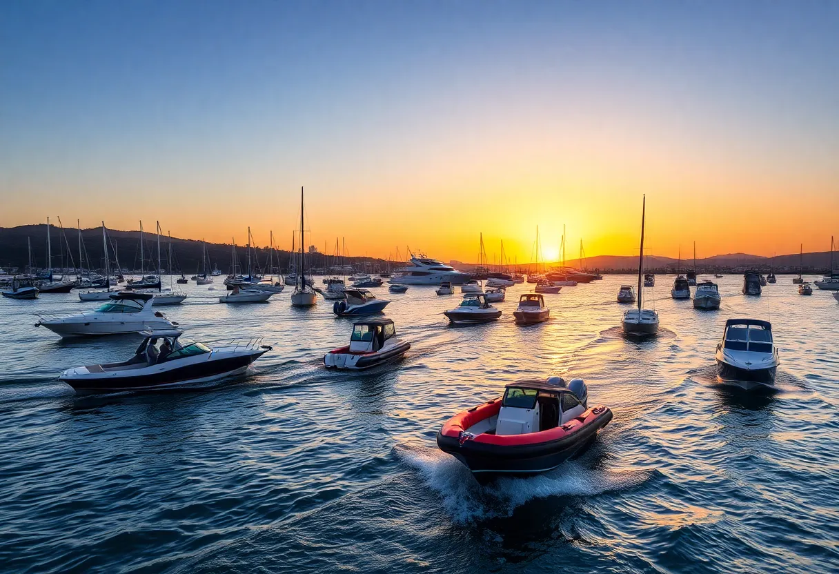 A scenic view of San Diego Bay with boats and sunset