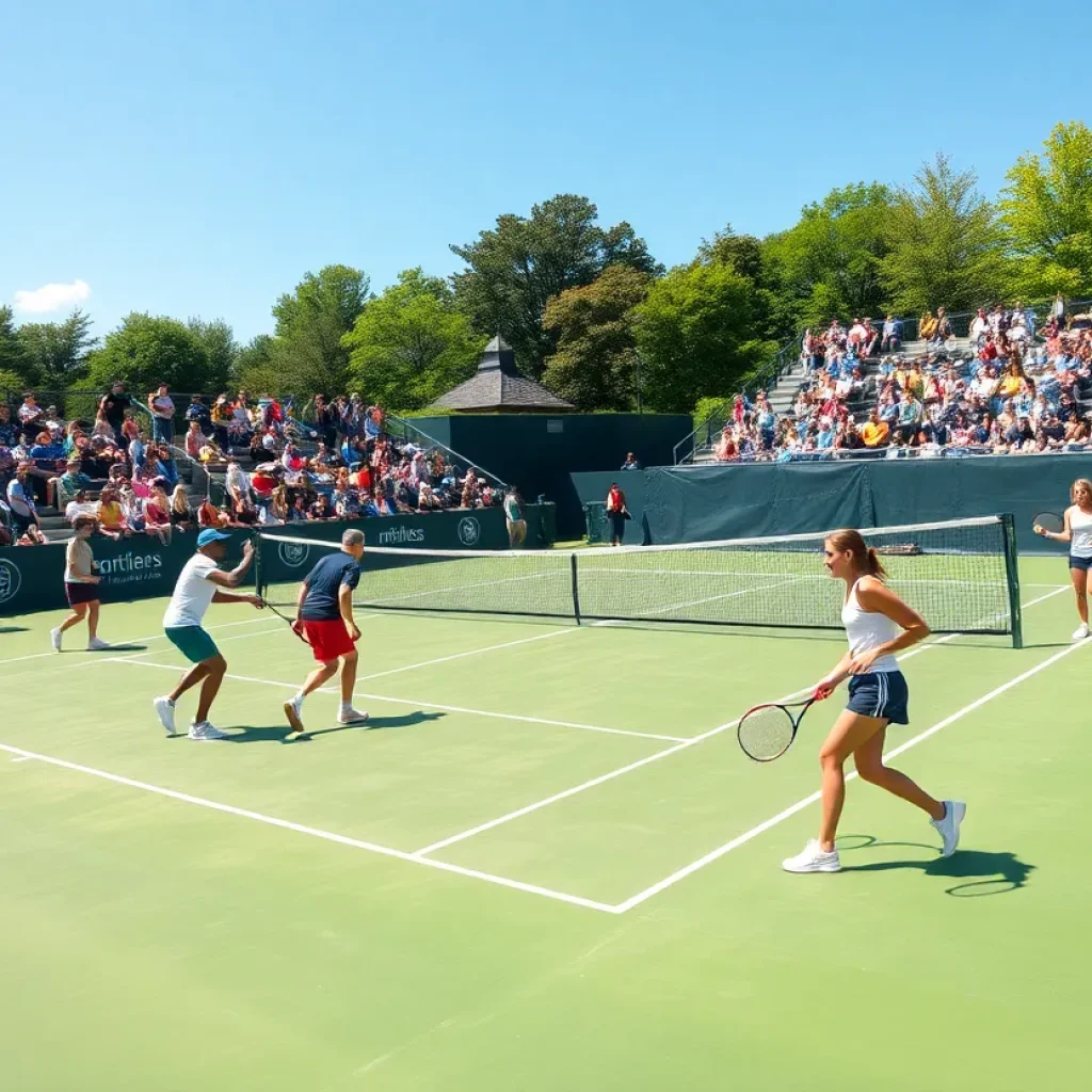 Competitive college tennis match at Hogan Tennis Center