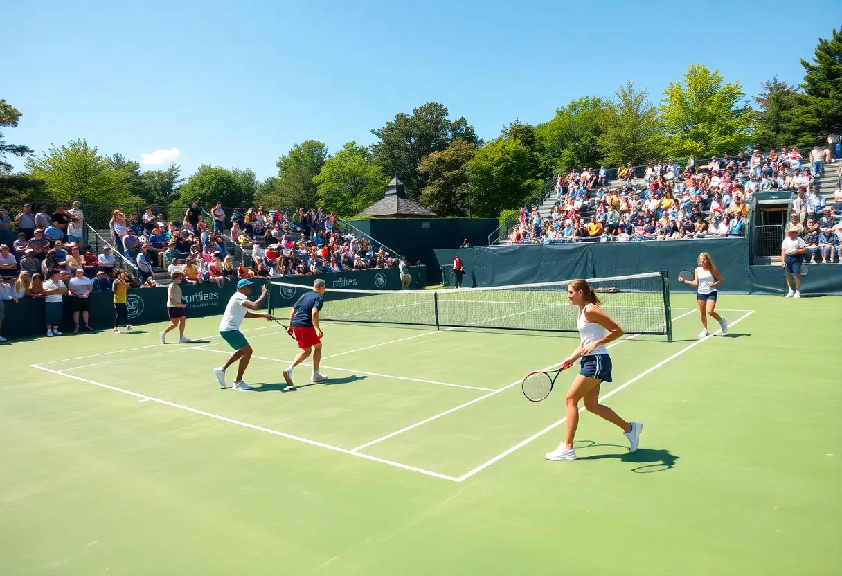 Competitive college tennis match at Hogan Tennis Center
