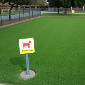 Color-coded signs on a school field indicating dog access.