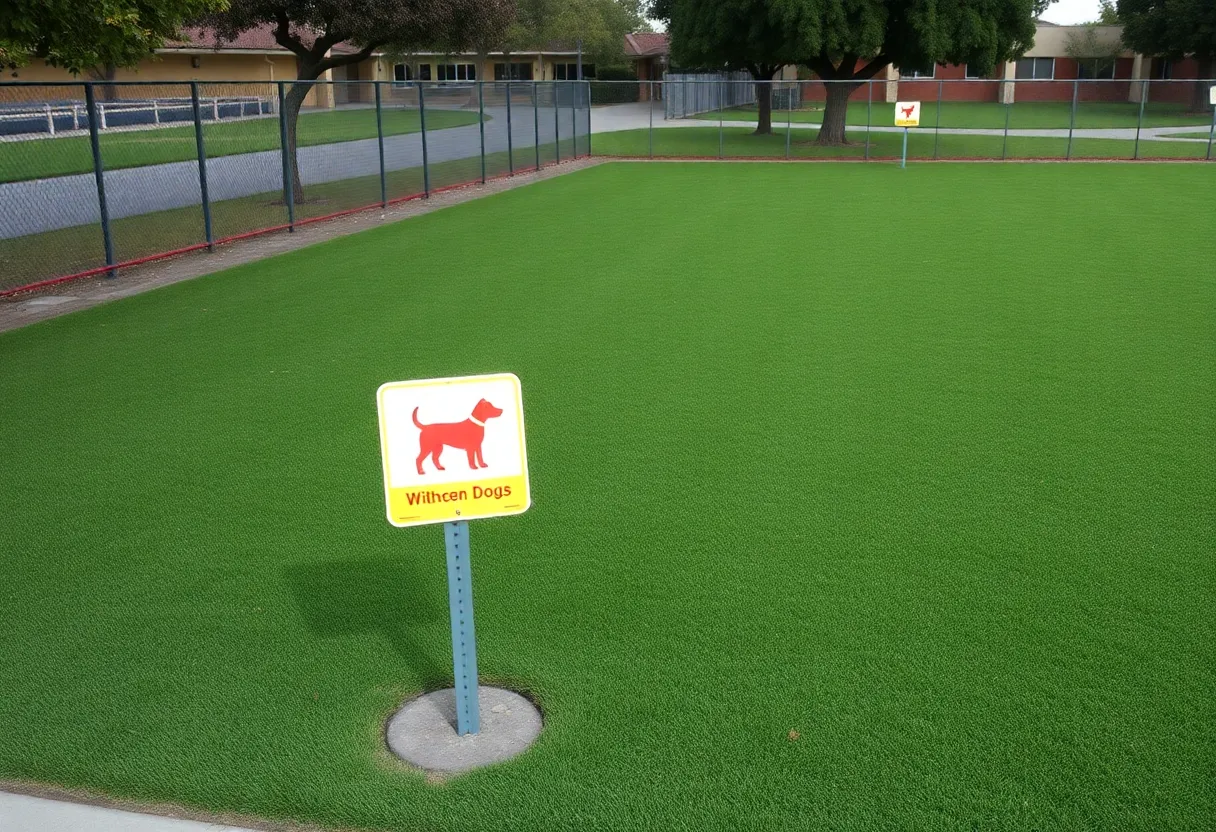 Color-coded signs on a school field indicating dog access.