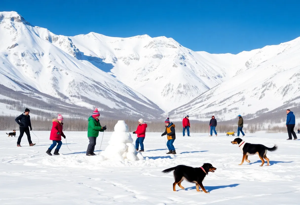 Families enjoying a snowy day in the mountains of San Diego.