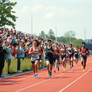 Athletes competing at the SDSU track meet with cheering crowd