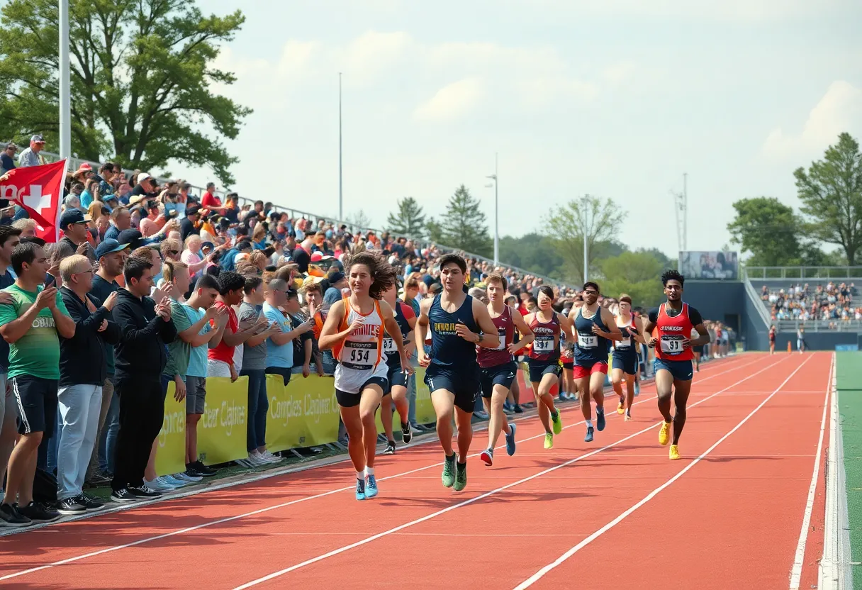 Athletes competing at the SDSU track meet with cheering crowd