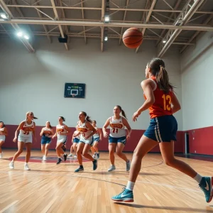Group of female basketball players on a court representing San Diego State University.