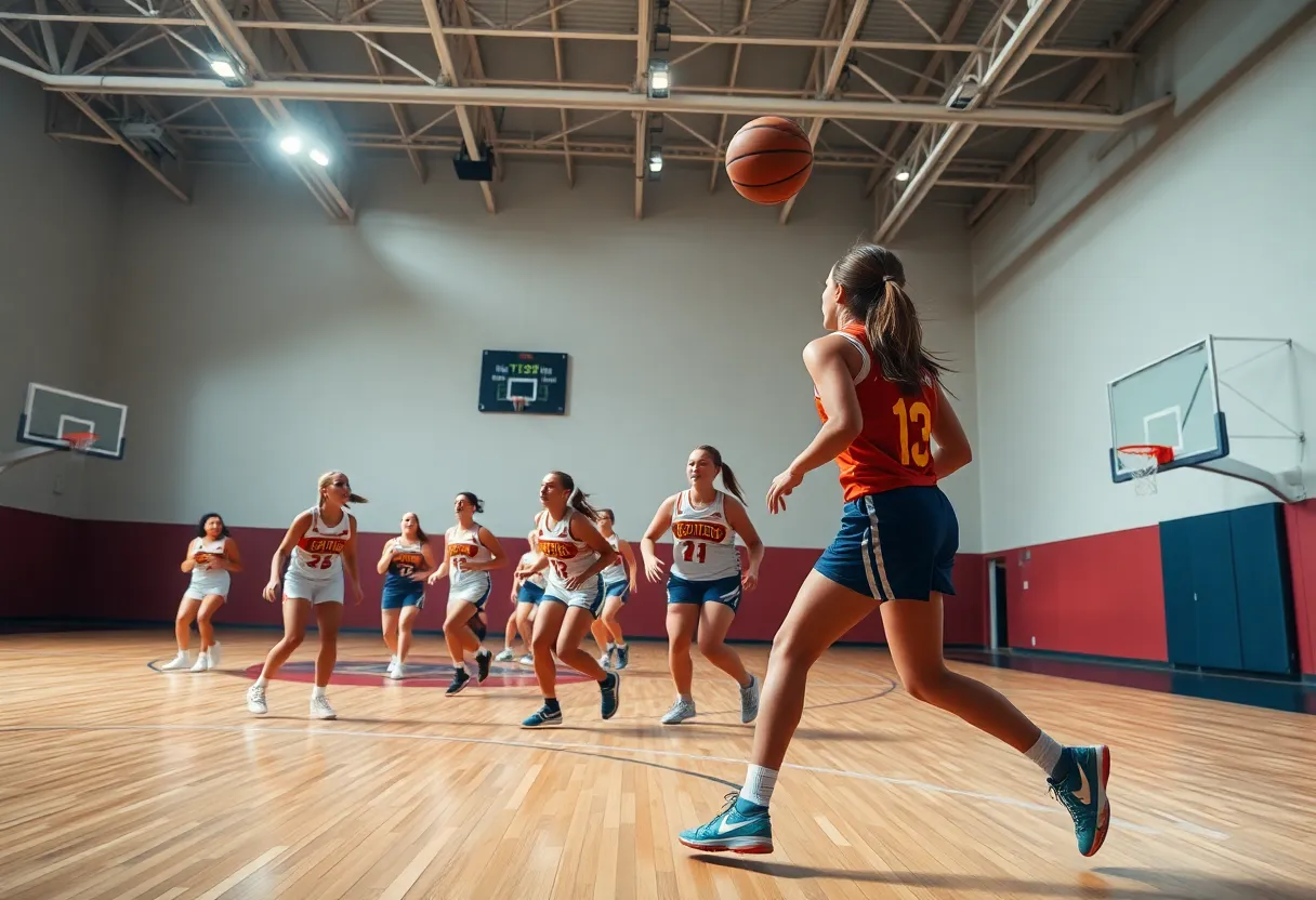Group of female basketball players on a court representing San Diego State University.