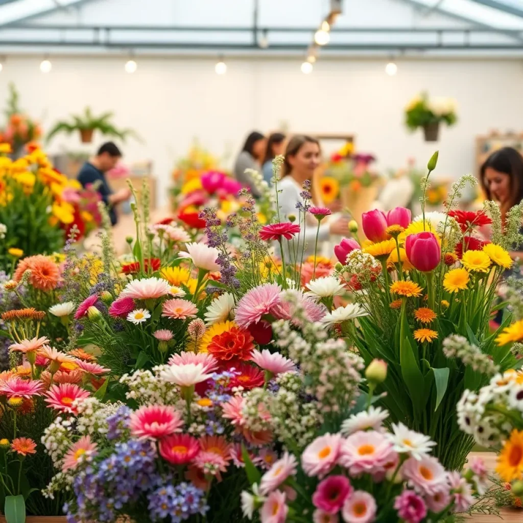Participants engaging in a floral arrangement workshop surrounded by colorful flowers