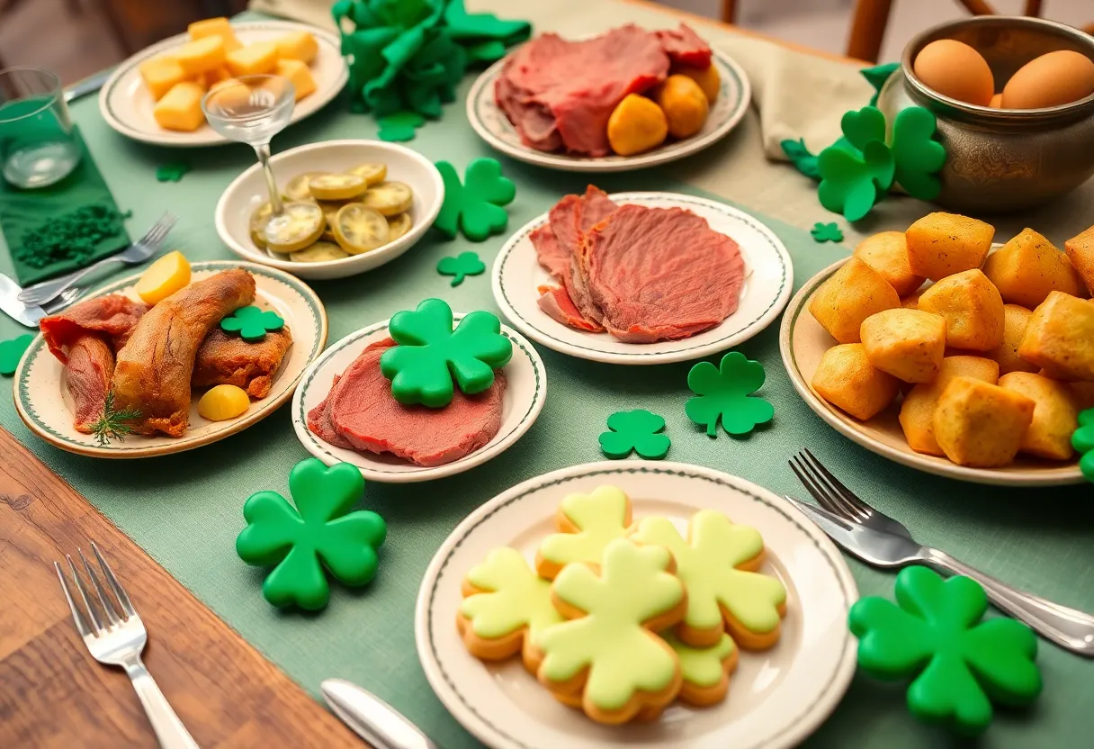 Festive table with traditional Irish food for St. Patrick's Day dinner