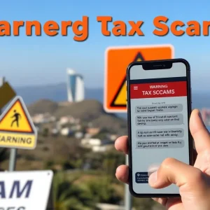 Warning about California tax scams with smartphone visuals