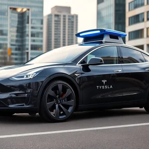 A Tesla vehicle representing the new ride-hailing service in California.