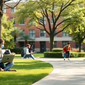 University of San Diego campus with students learning online