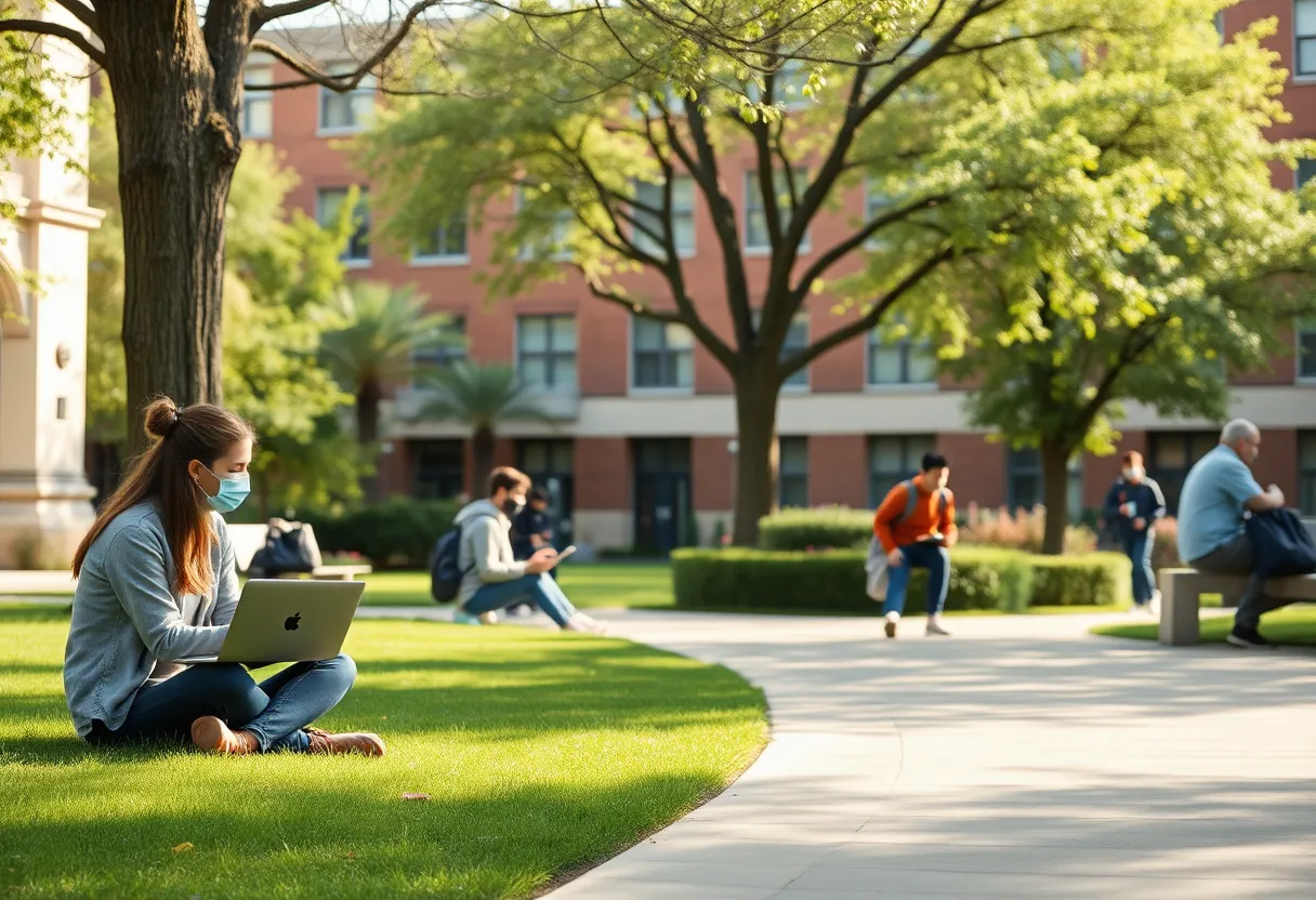 University of San Diego campus with students learning online