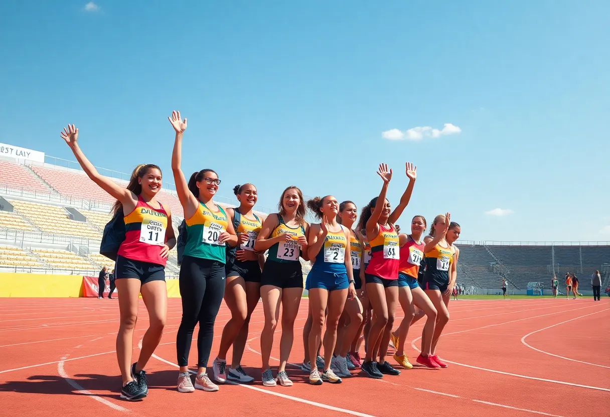 University of San Diego Women's Track Team celebrating their successes at the Aztec Invitational.