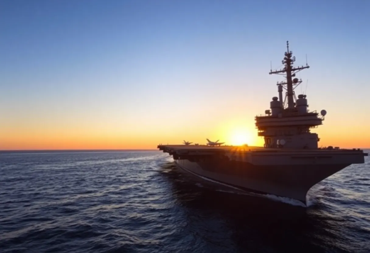 USS Abraham Lincoln aircraft carrier at sea during sunset