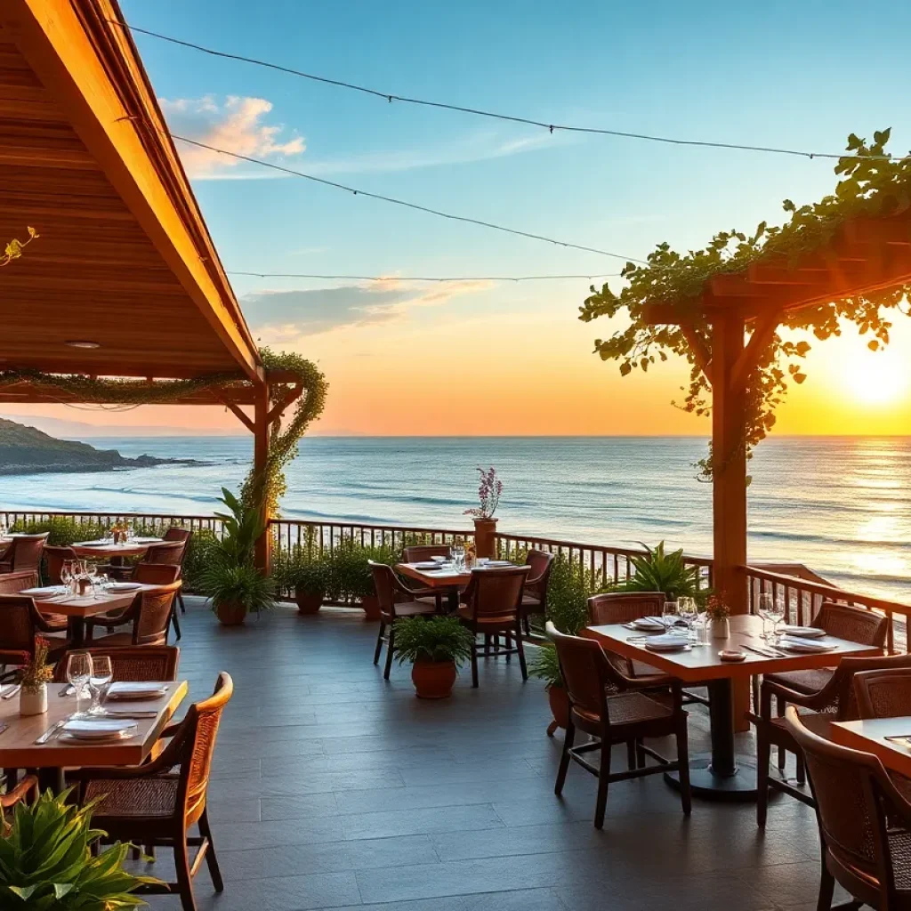 Outdoor dining area of Veranda Restaurant with ocean views