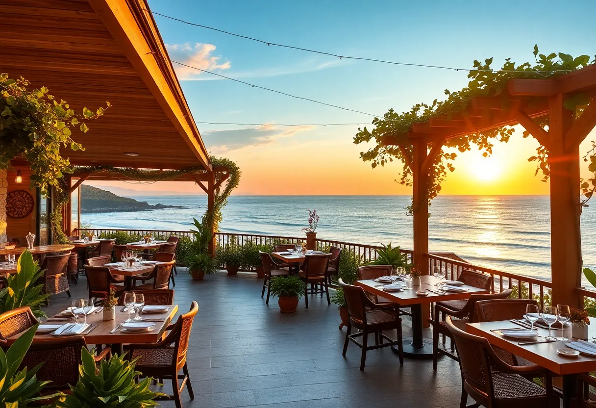 Outdoor dining area of Veranda Restaurant with ocean views