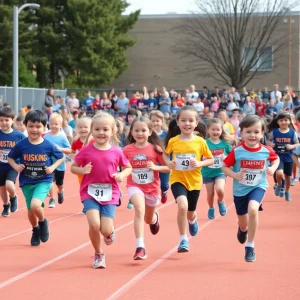 Children participating in a fun jog-a-thon at Village Elementary School