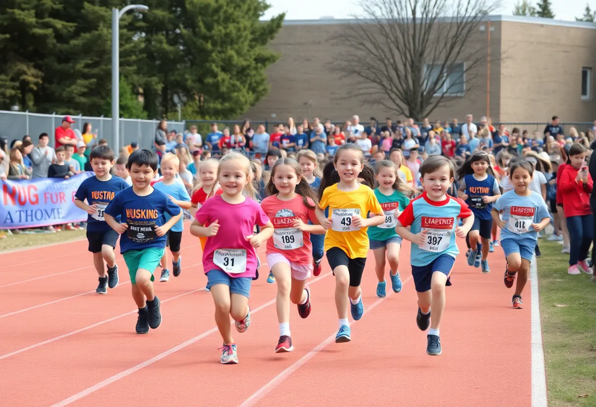 Children participating in a fun jog-a-thon at Village Elementary School