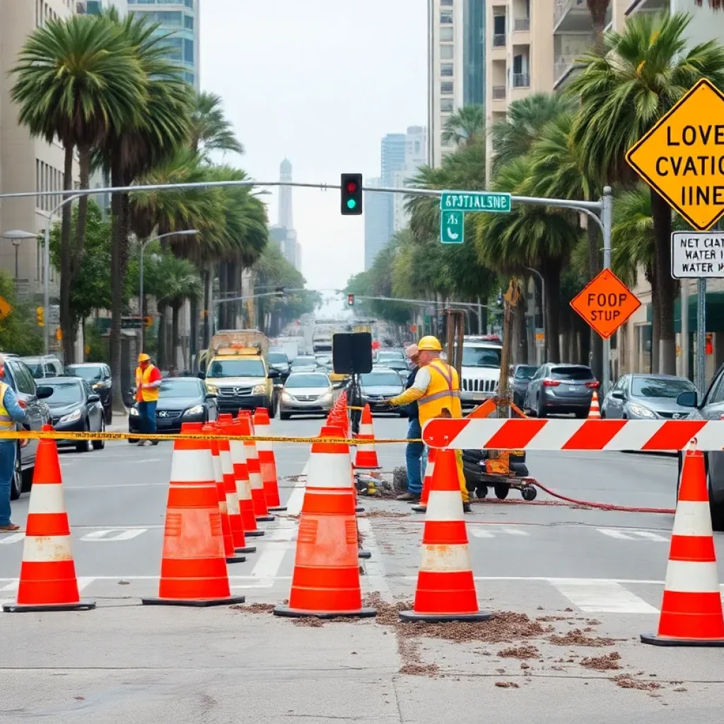 Repair work being conducted on a water main break in San Diego, with traffic cones blocking a lane.