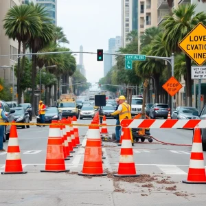 Repair work being conducted on a water main break in San Diego, with traffic cones blocking a lane.