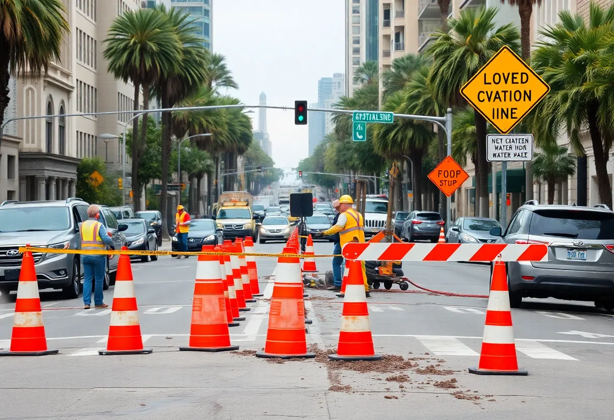Repair work being conducted on a water main break in San Diego, with traffic cones blocking a lane.