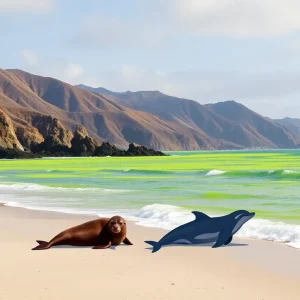 Coastline affected by algal bloom with marine mammals washed ashore