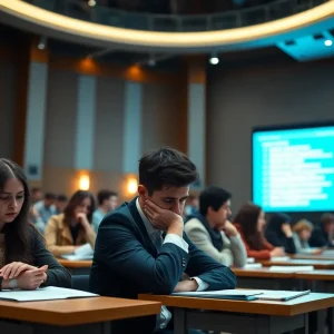 Students taking the bar exam surrounded by technology and stress
