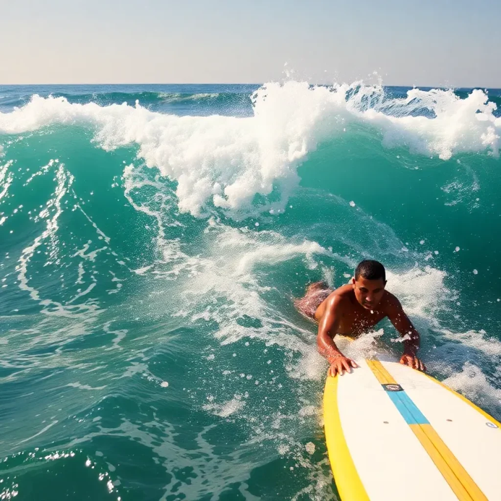 A bodysurfer riding a wave at a sunny beach.