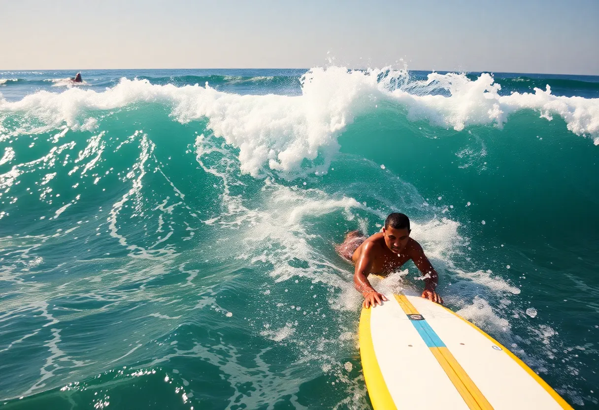 A bodysurfer riding a wave at a sunny beach.