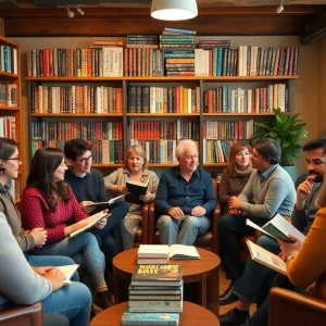 A diverse group of readers engaged in a book club discussion at a library.