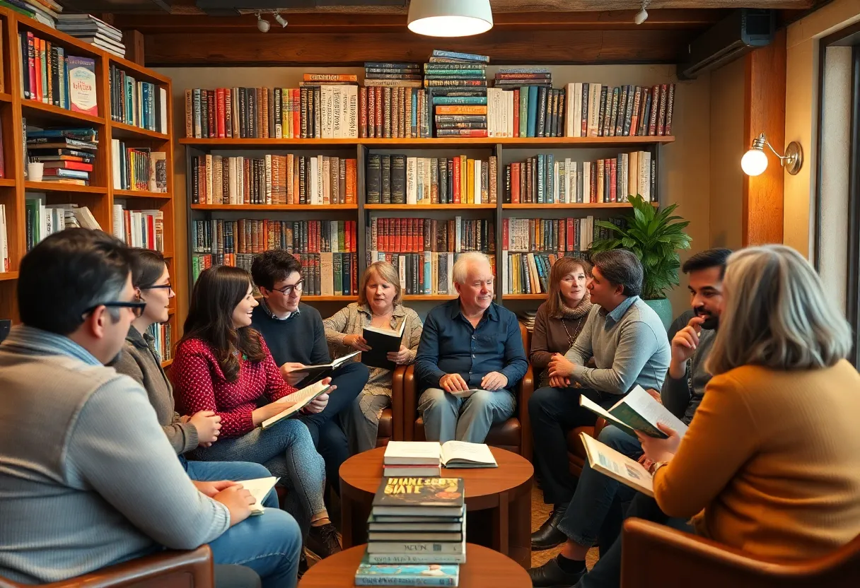 A diverse group of readers engaged in a book club discussion at a library.
