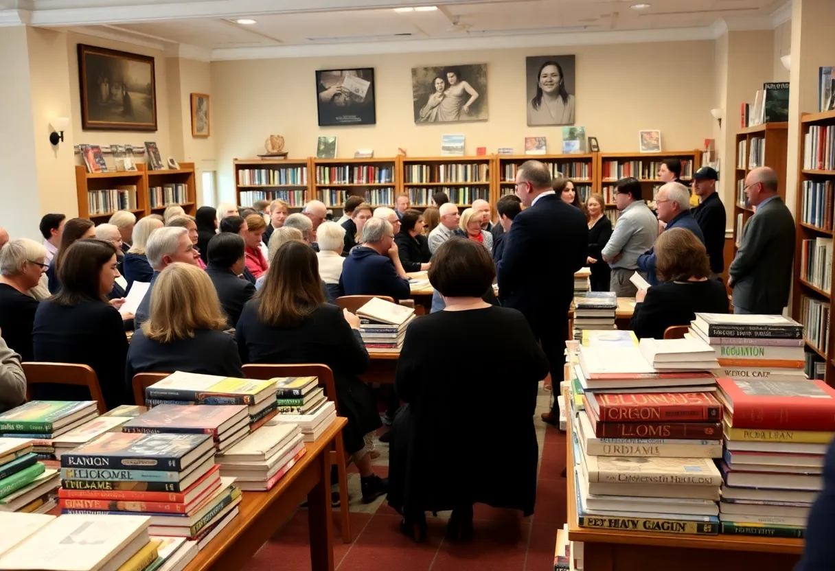 Audience attending a book discussion at the library