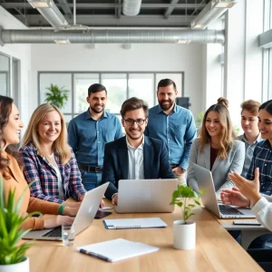 Diverse employees collaborating in a bright office setting