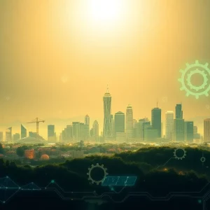 Futuristic California skyline featuring artificial intelligence symbols.