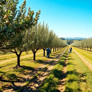 Almond trees in a California farm with farmers tending the crops.