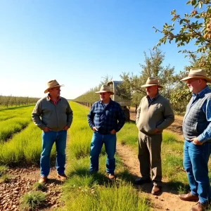 Farmers at an almond farm discussing the impact of tariffs