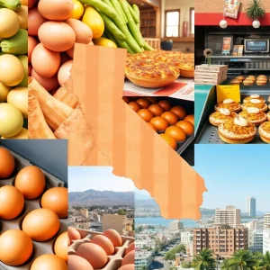 A collage showcasing California's culinary culture and economic landscape in 2025.