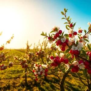 Scenic view of a California cherry orchard during cherry season.