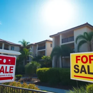 California condominium complex with for sale signs
