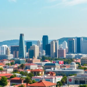 A scenic view of California's economic landscape featuring technology and agriculture.