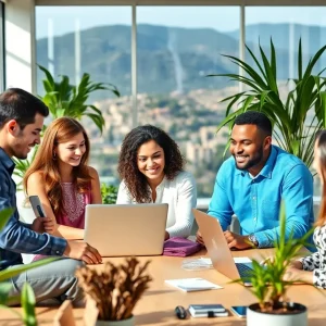 A vibrant office space in California filled with people working together