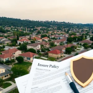 California neighborhood affected by wildfires with homes and insurance imagery