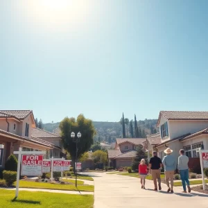 California neighborhood with homes for sale signs