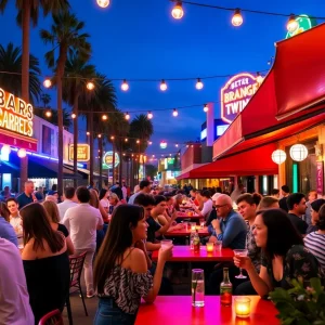 People enjoying nightlife in California with outdoor bars and colorful lights.
