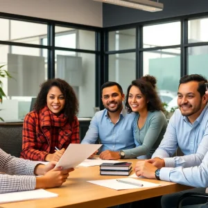 Diverse professionals engaging in discussion about workers’ compensation insurance.