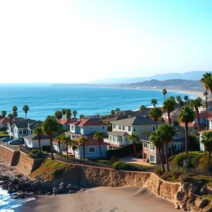 Stunning California beach accompanied by homes, depicting the housing crisis.